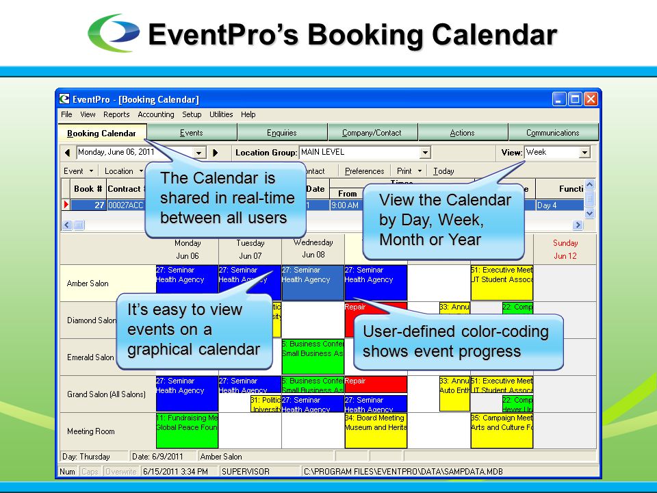 EventPro’s Booking Calendar The Calendar is shared in real-time between all users View the Calendar by Day, Week, Month or Year It’s easy to view events on a graphical calendar User-defined color-coding shows event progress