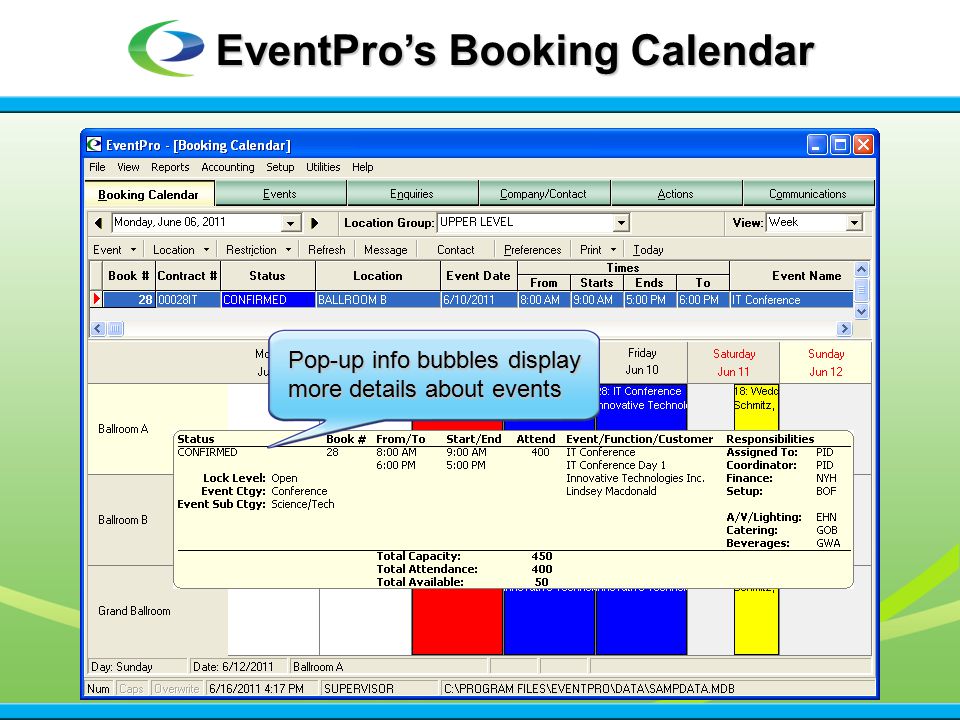 EventPro’s Booking Calendar Pop-up info bubbles display more details about events