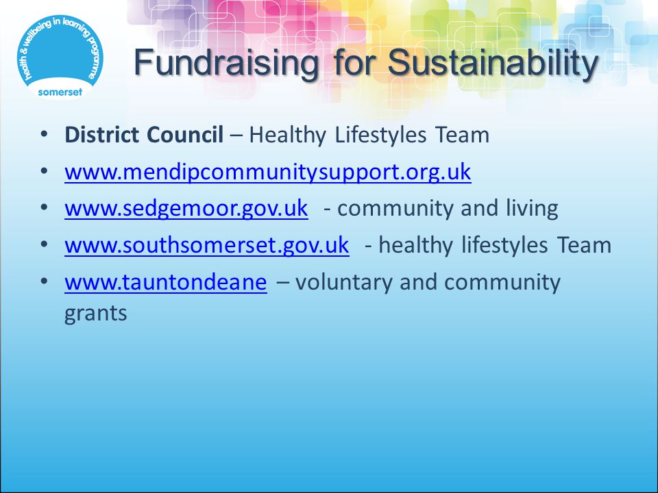 Fundraising for Sustainability District Council – Healthy Lifestyles Team community and living healthy lifestyles Team     – voluntary and community grants