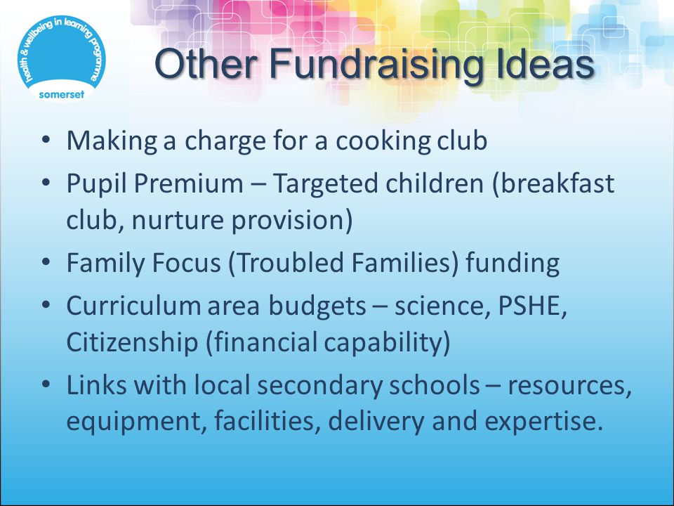 Other Fundraising Ideas Making a charge for a cooking club Pupil Premium – Targeted children (breakfast club, nurture provision) Family Focus (Troubled Families) funding Curriculum area budgets – science, PSHE, Citizenship (financial capability) Links with local secondary schools – resources, equipment, facilities, delivery and expertise.