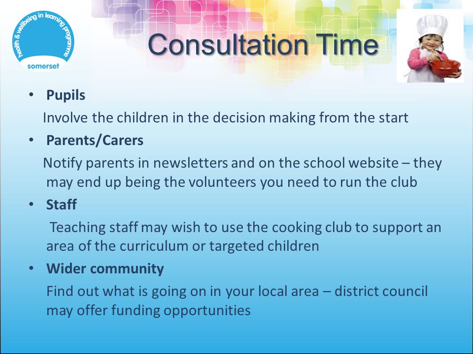 Consultation Time Pupils Involve the children in the decision making from the start Parents/Carers Notify parents in newsletters and on the school website – they may end up being the volunteers you need to run the club Staff Teaching staff may wish to use the cooking club to support an area of the curriculum or targeted children Wider community Find out what is going on in your local area – district council may offer funding opportunities