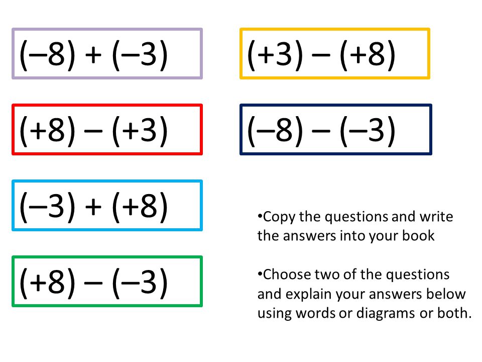 (–8) – (–3)(+8) – (+3) (+3) – (+8) (–3) + (+8) (–8) + (–3) (+8) – (–3) Copy the questions and write the answers into your book Choose two of the questions and explain your answers below using words or diagrams or both.