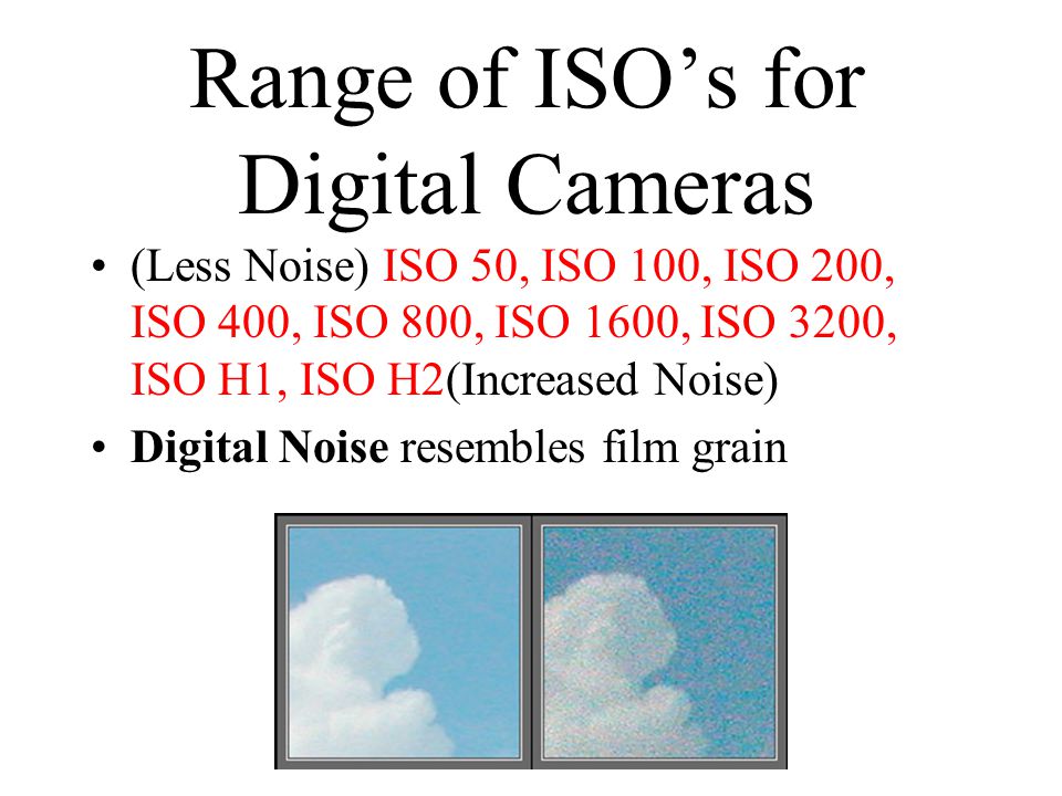 Range of ISO’s for Digital Cameras (Less Noise) ISO 50, ISO 100, ISO 200, ISO 400, ISO 800, ISO 1600, ISO 3200, ISO H1, ISO H2(Increased Noise) Digital Noise resembles film grain