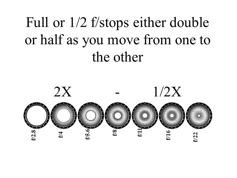 Full or 1/2 f/stops either double or half as you move from one to the other 2X - 1/2X