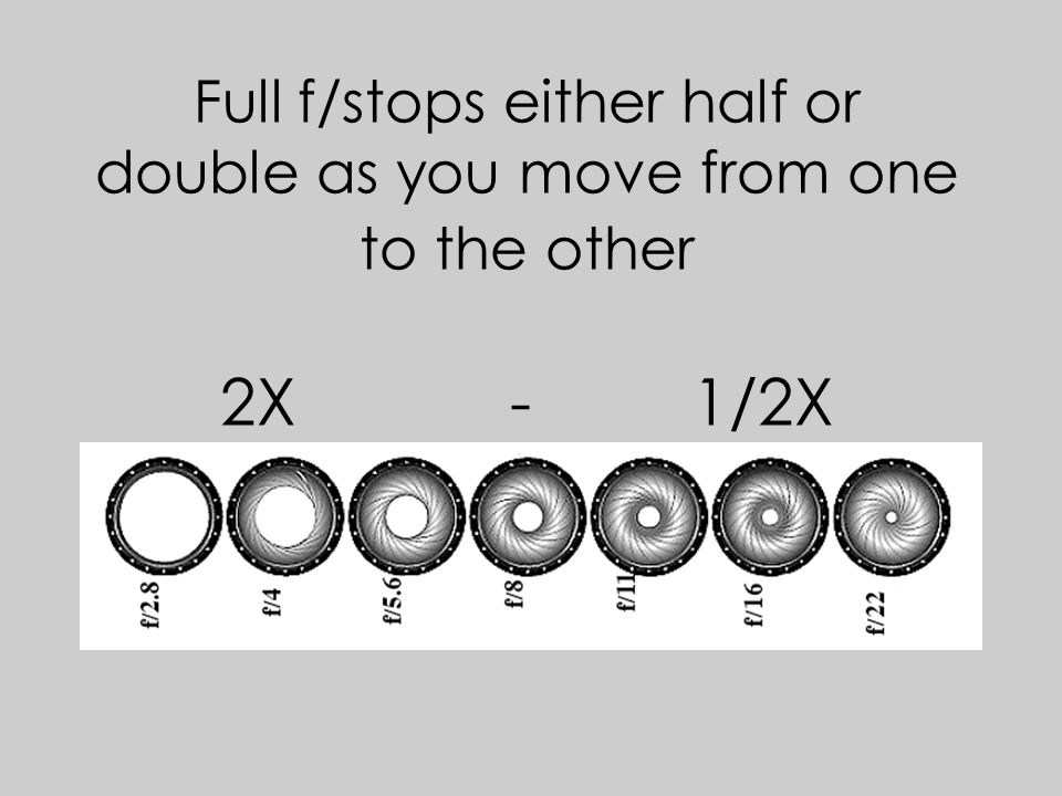Full f/stops either half or double as you move from one to the other 2X - 1/2X