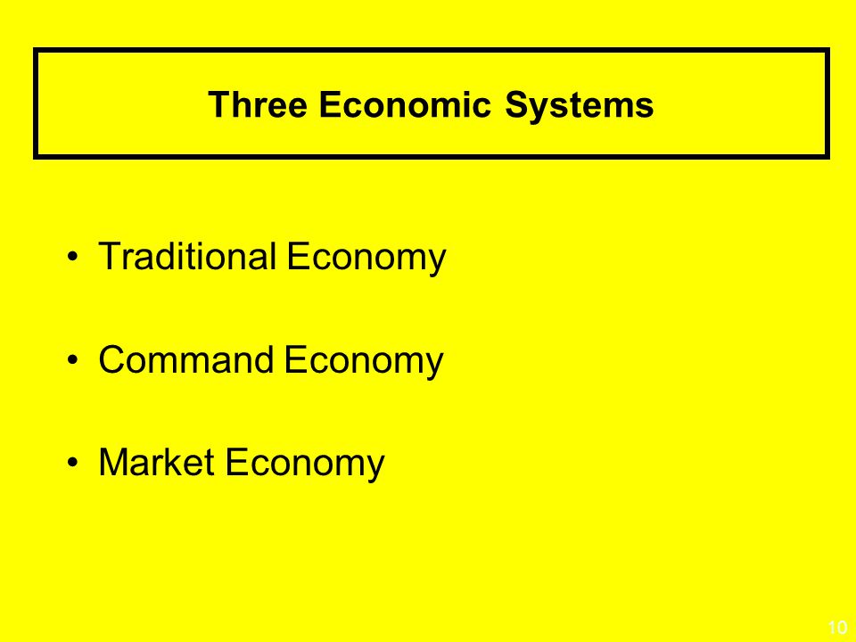 10 Three Economic Systems Traditional Economy Command Economy Market Economy