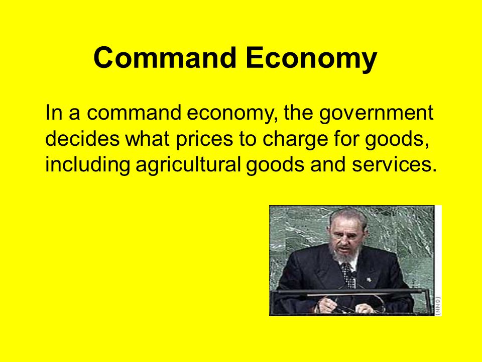 Command Economy In a command economy, the government decides what prices to charge for goods, including agricultural goods and services.