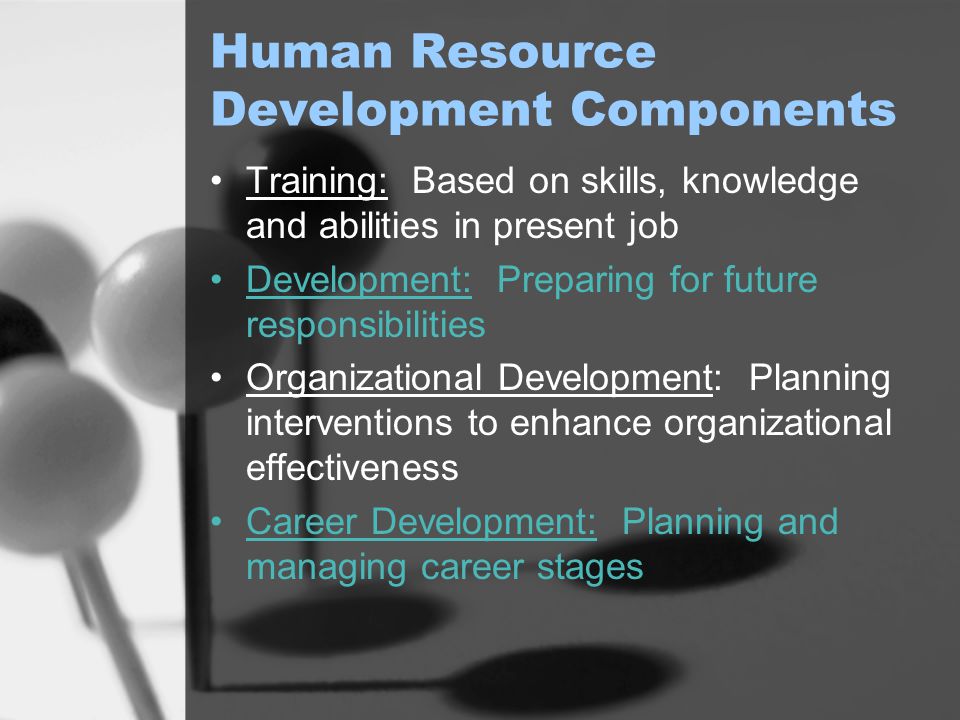 Human Resource Development Components Training: Based on skills, knowledge and abilities in present job Development: Preparing for future responsibilities Organizational Development: Planning interventions to enhance organizational effectiveness Career Development: Planning and managing career stages
