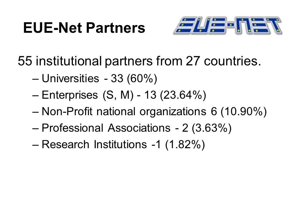 EUE-Net Partners 55 institutional partners from 27 countries.