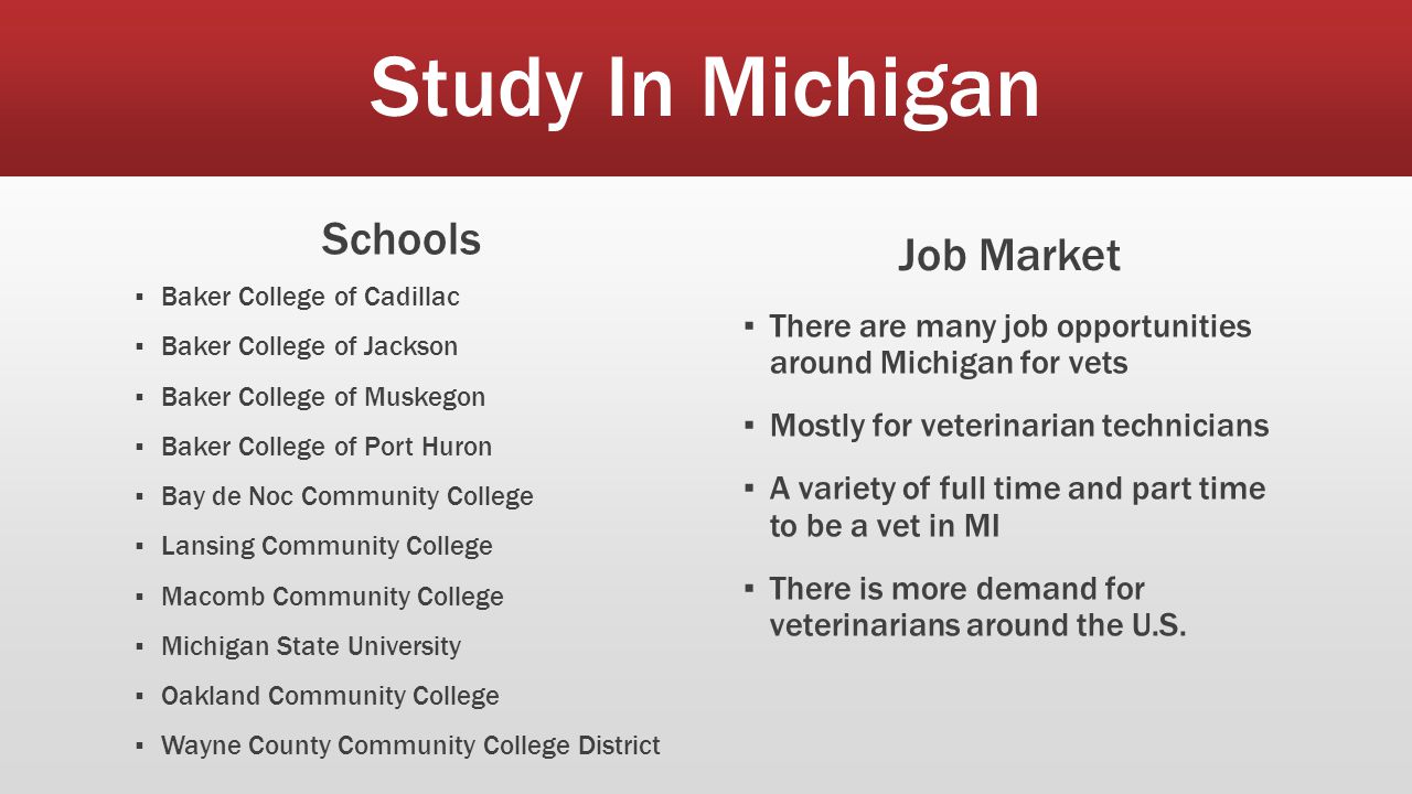 Study In Michigan Schools ▪ Baker College of Cadillac ▪ Baker College of Jackson ▪ Baker College of Muskegon ▪ Baker College of Port Huron ▪ Bay de Noc Community College ▪ Lansing Community College ▪ Macomb Community College ▪ Michigan State University ▪ Oakland Community College ▪ Wayne County Community College District Job Market ▪ There are many job opportunities around Michigan for vets ▪ Mostly for veterinarian technicians ▪ A variety of full time and part time to be a vet in MI ▪ There is more demand for veterinarians around the U.S.