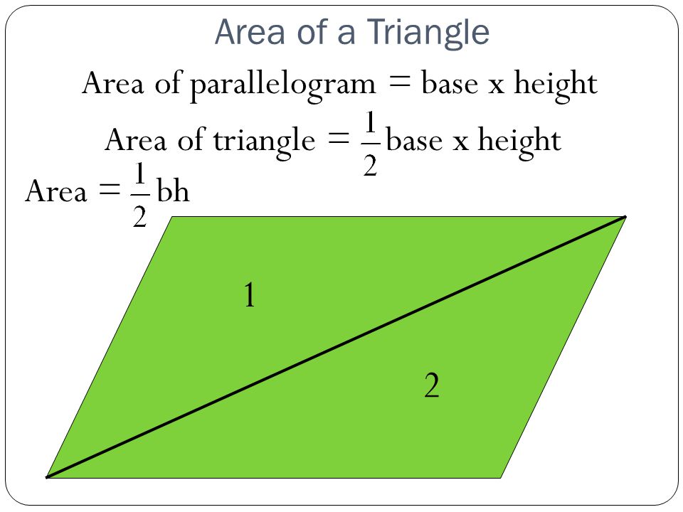 Area of a Triangle 1 2 Area of parallelogram = base x height Area of triangle = base x height Area = bh