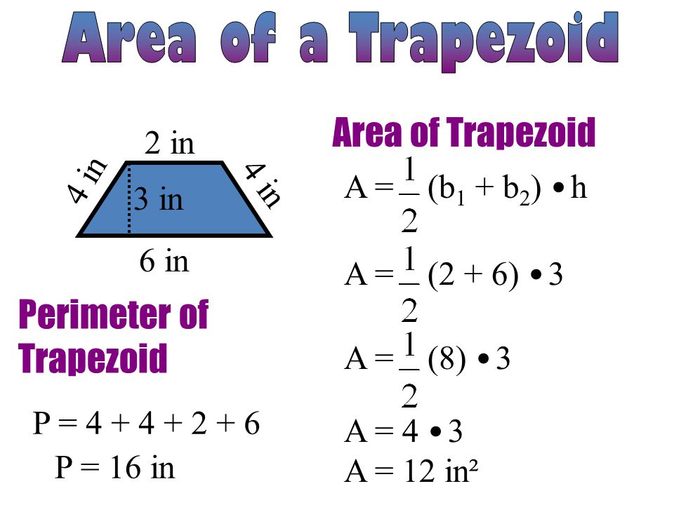 Area of Trapezoid 2 in 6 in 3 in A = (b 1 + b 2 ) h 4 in A = (2 + 6) 3 A = (8) 3 A = 4 3 A = 12 in² 4 in Perimeter of Trapezoid P = P = 16 in