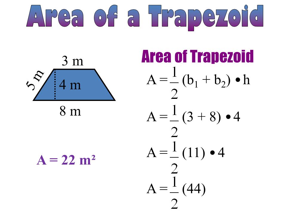 Area of Trapezoid 3 m 8 m 4 m 5 m A = (b 1 + b 2 ) h A = (3 + 8) 4 A = (11) 4 A = (44) A = 22 m²