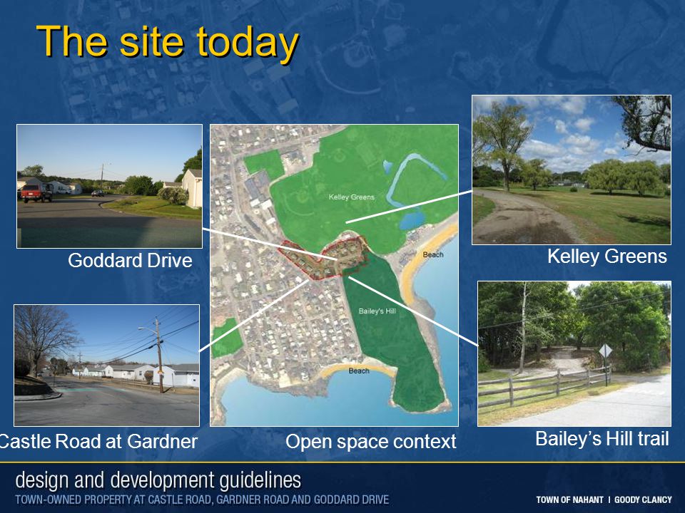 The site today Open space contextCastle Road at Gardner Kelley Greens Goddard Drive Bailey’s Hill trail