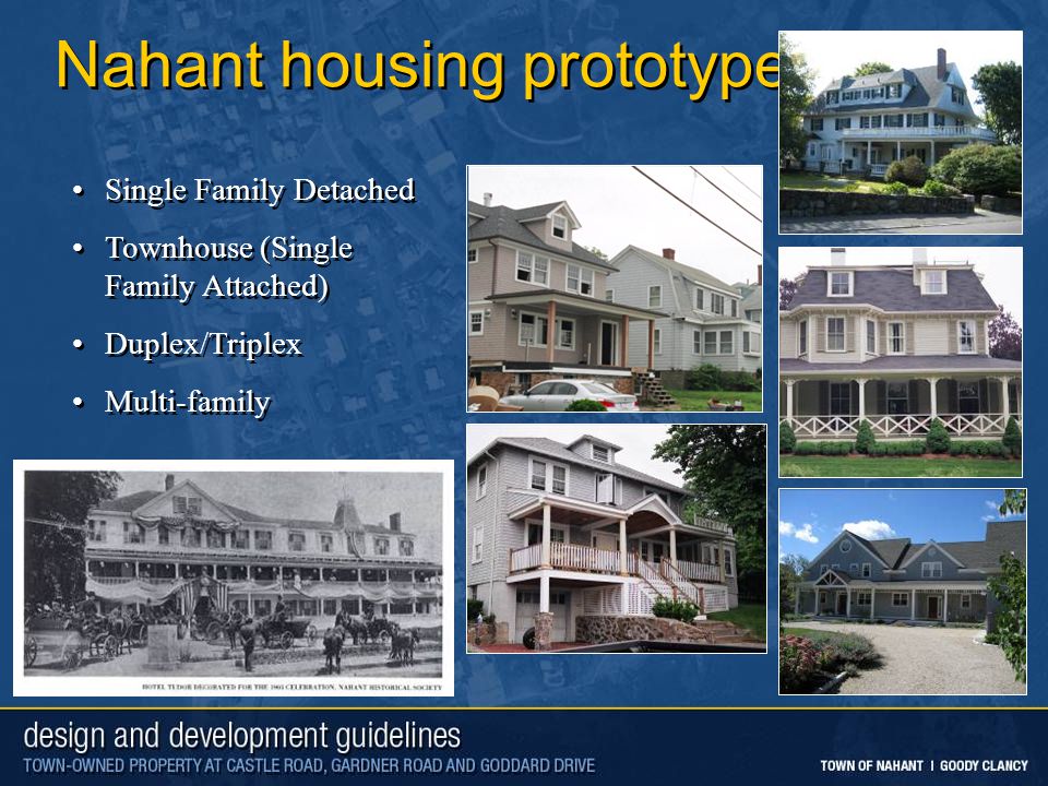 Nahant housing prototypes Single Family Detached Townhouse (Single Family Attached) Duplex/Triplex Multi-family Single Family Detached Townhouse (Single Family Attached) Duplex/Triplex Multi-family