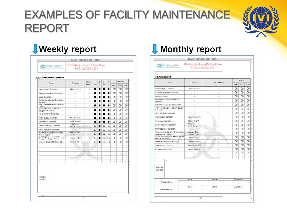 EXAMPLES OF FACILITY MAINTENANCE REPORT Weekly report Monthly report