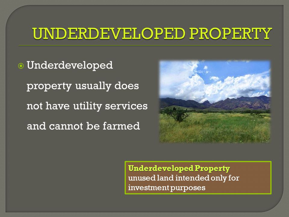  Underdeveloped property usually does not have utility services and cannot be farmed Underdeveloped Property unused land intended only for investment purposes