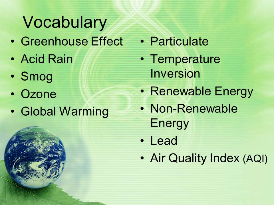 Vocabulary Greenhouse Effect Acid Rain Smog Ozone Global Warming Particulate Temperature Inversion Renewable Energy Non-Renewable Energy Lead Air Quality Index (AQI)