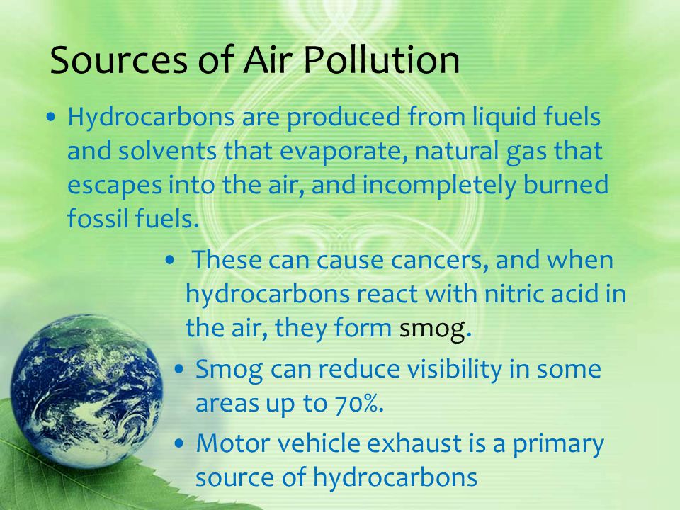 Sources of Air Pollution Hydrocarbons are produced from liquid fuels and solvents that evaporate, natural gas that escapes into the air, and incompletely burned fossil fuels.