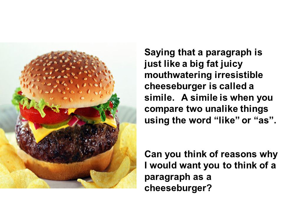 The Perfect Paragraph What are the ingredients of a big, fat, juicy, mouthwatering, irresistible cheeseburger.