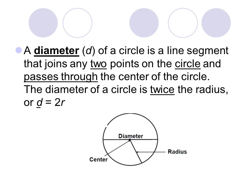 A diameter (d) of a circle is a line segment that joins any two points on the circle and passes through the center of the circle.