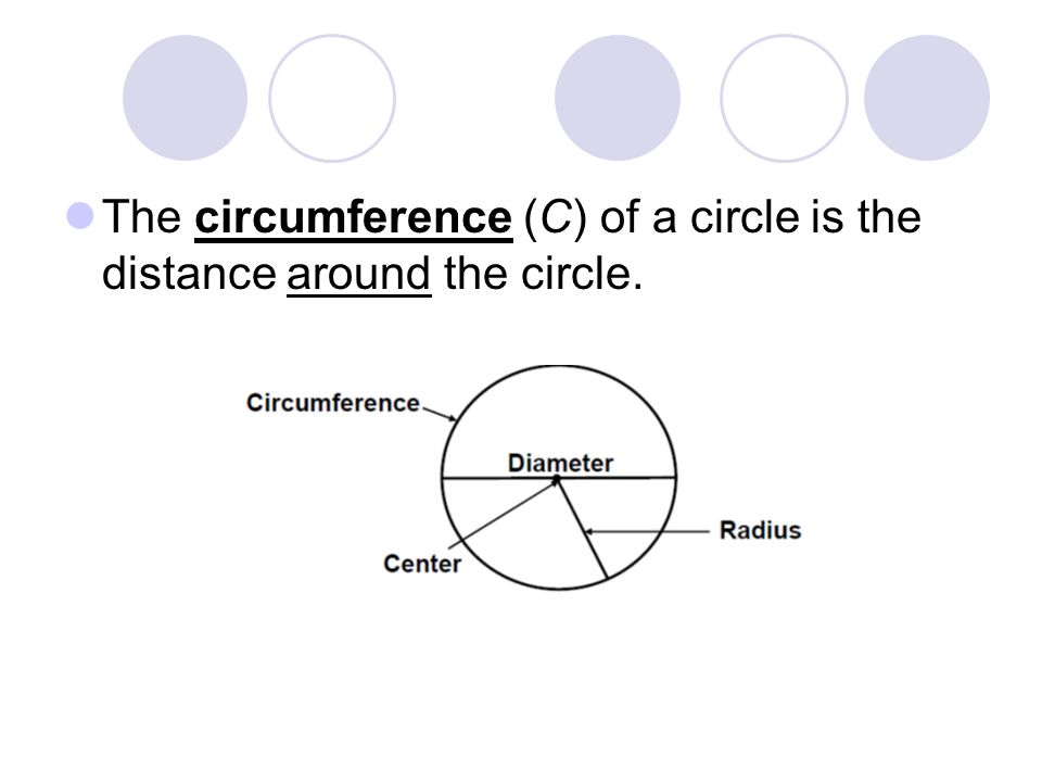 The circumference (C) of a circle is the distance around the circle. fffff