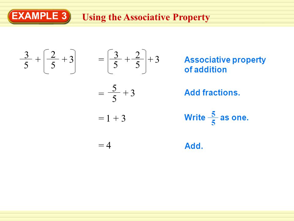 EXAMPLE 3 Using the Associative Property = = Associative property of addition Add fractions.
