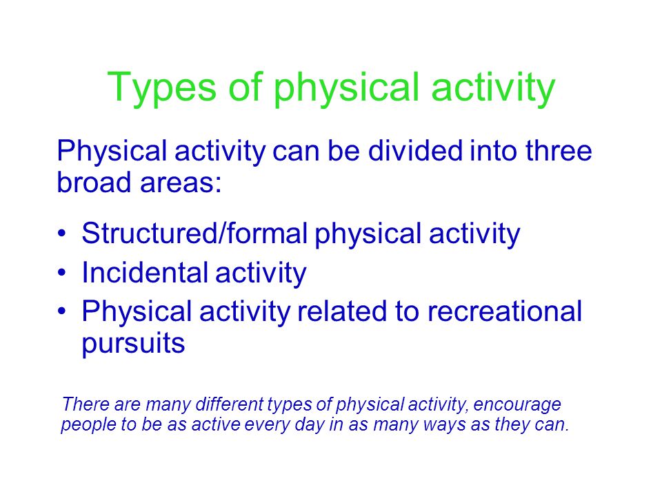 Types of physical activity Structured/formal physical activity Incidental activity Physical activity related to recreational pursuits There are many different types of physical activity, encourage people to be as active every day in as many ways as they can.