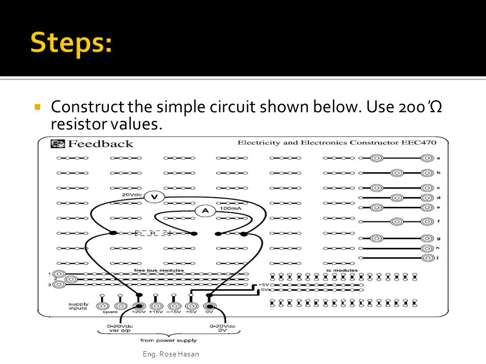  Construct the simple circuit shown below. Use 200 Ώ resistor values. Eng. Rose Hasan