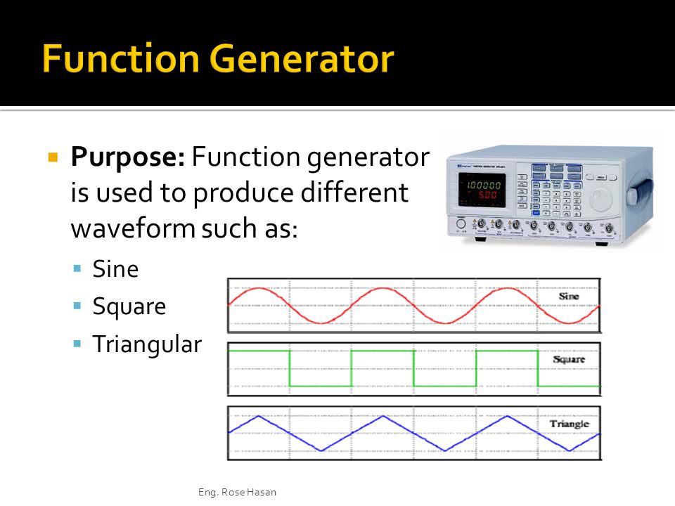  Purpose: Function generator is used to produce different waveform such as:  Sine  Square  Triangular Eng.