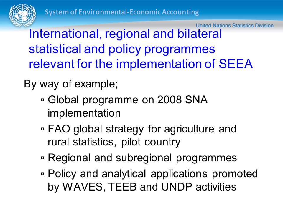 System of Environmental-Economic Accounting International, regional and bilateral statistical and policy programmes relevant for the implementation of SEEA By way of example; ▫Global programme on 2008 SNA implementation ▫FAO global strategy for agriculture and rural statistics, pilot country ▫Regional and subregional programmes ▫Policy and analytical applications promoted by WAVES, TEEB and UNDP activities