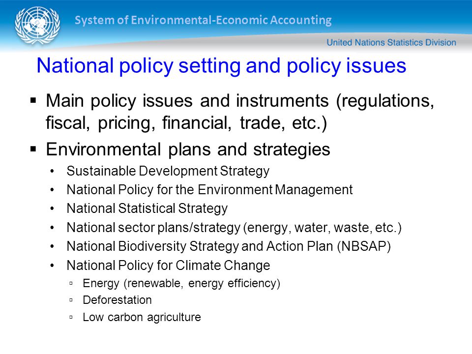 System of Environmental-Economic Accounting National policy setting and policy issues  Main policy issues and instruments (regulations, fiscal, pricing, financial, trade, etc.)  Environmental plans and strategies Sustainable Development Strategy National Policy for the Environment Management National Statistical Strategy National sector plans/strategy (energy, water, waste, etc.) National Biodiversity Strategy and Action Plan (NBSAP) National Policy for Climate Change ▫Energy (renewable, energy efficiency) ▫Deforestation ▫Low carbon agriculture