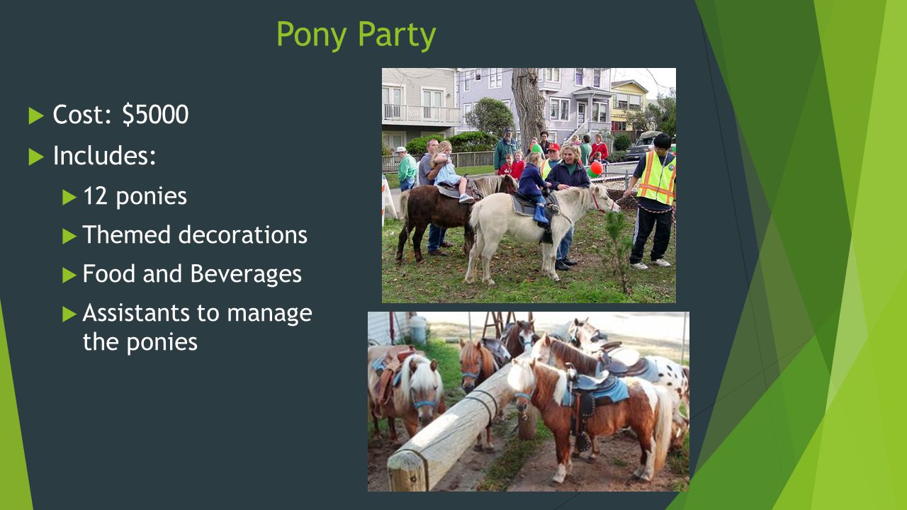 Pony Party  Cost: $5000  Includes:  12 ponies  Themed decorations  Food and Beverages  Assistants to manage the ponies