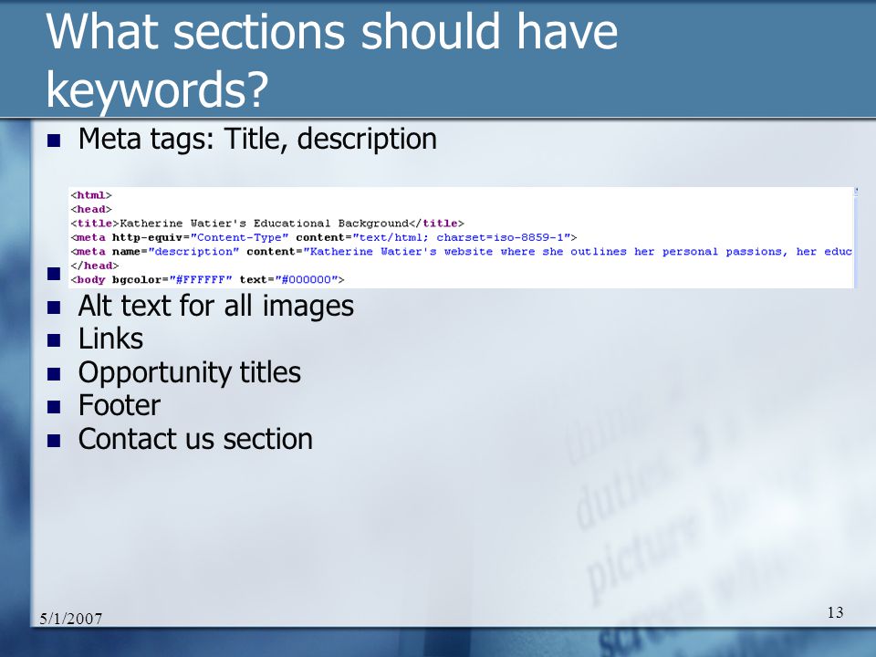 5/1/ What sections should have keywords.