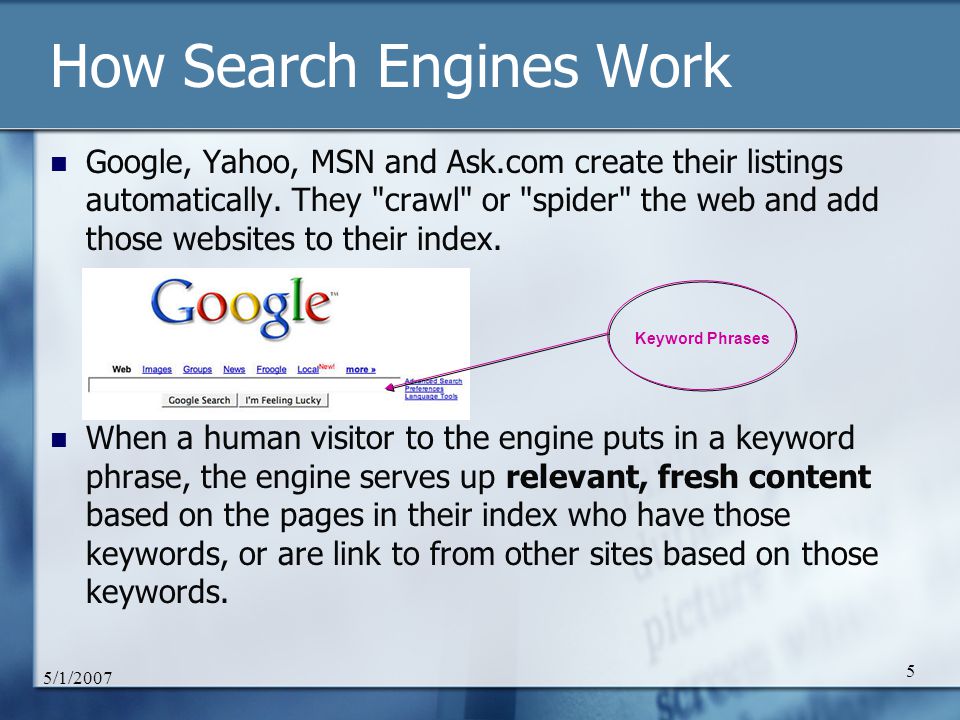5/1/ Google, Yahoo, MSN and Ask.com create their listings automatically.