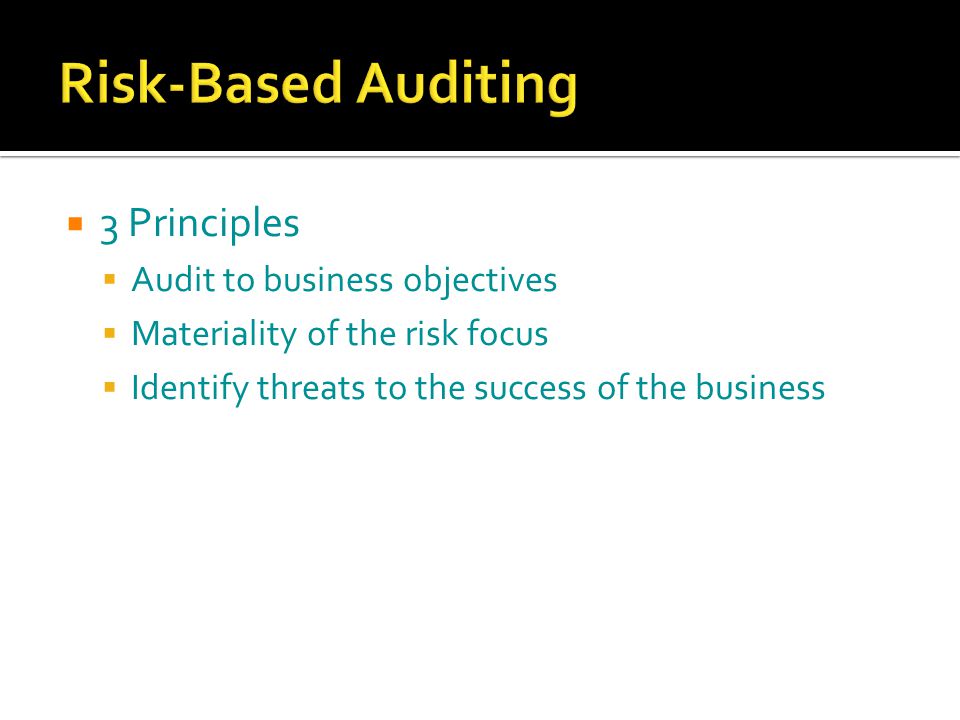  3 Principles  Audit to business objectives  Materiality of the risk focus  Identify threats to the success of the business