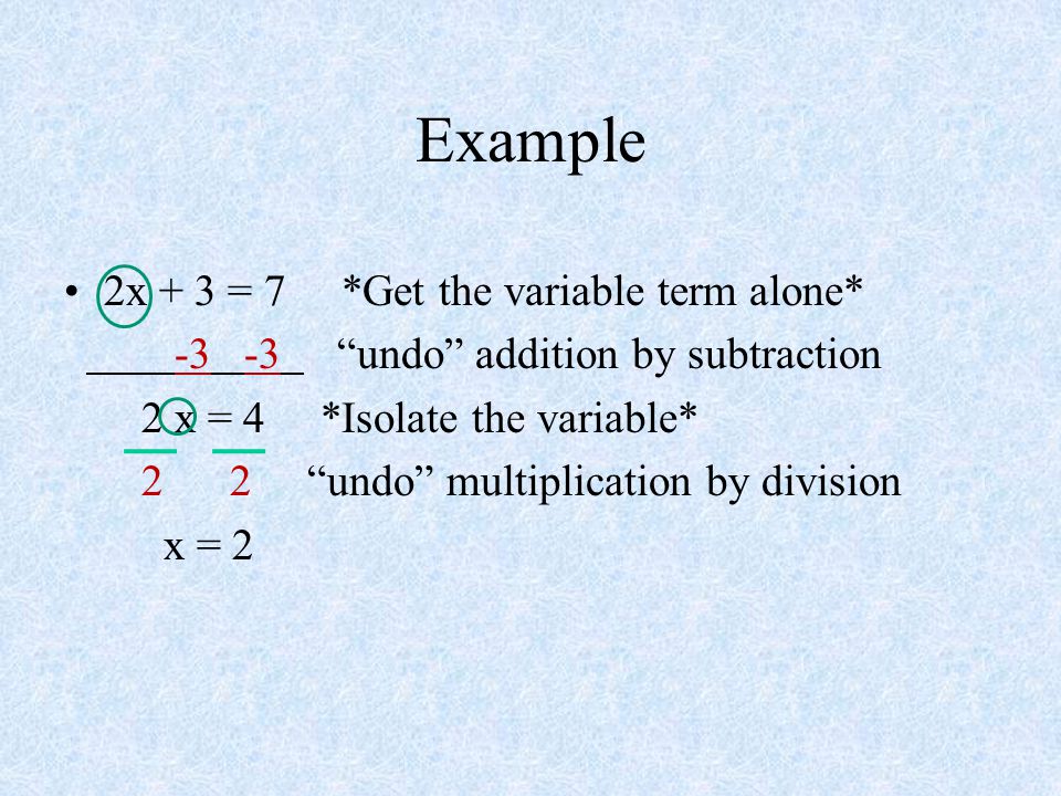 Example 2x + 3 = 7 *Get the variable term alone* undo addition by subtraction 2 x = 4 *Isolate the variable* 2 2 undo multiplication by division x = 2