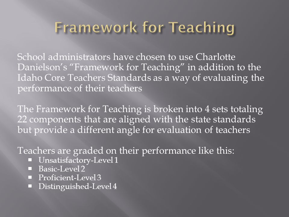 School administrators have chosen to use Charlotte Danielson’s Framework for Teaching in addition to the Idaho Core Teachers Standards as a way of evaluating the performance of their teachers The Framework for Teaching is broken into 4 sets totaling 22 components that are aligned with the state standards but provide a different angle for evaluation of teachers Teachers are graded on their performance like this:  Unsatisfactory-Level 1  Basic-Level 2  Proficient-Level 3  Distinguished-Level 4