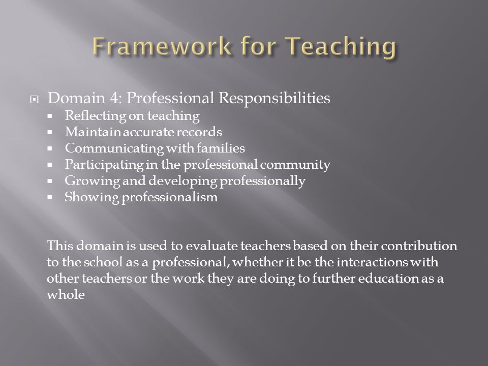  Domain 4: Professional Responsibilities  Reflecting on teaching  Maintain accurate records  Communicating with families  Participating in the professional community  Growing and developing professionally  Showing professionalism This domain is used to evaluate teachers based on their contribution to the school as a professional, whether it be the interactions with other teachers or the work they are doing to further education as a whole