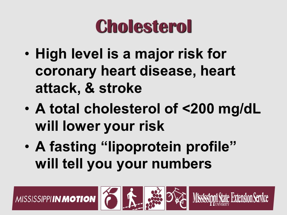 Cholesterol High level is a major risk for coronary heart disease, heart attack, & stroke A total cholesterol of <200 mg/dL will lower your risk A fasting lipoprotein profile will tell you your numbers