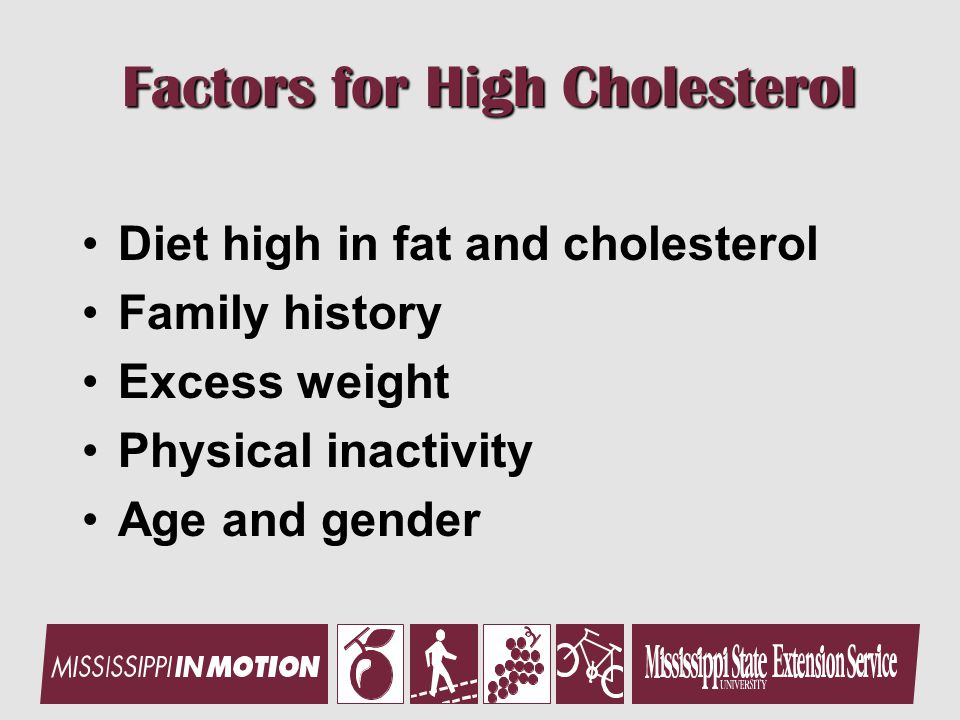 Factors for High Cholesterol Factors for High Cholesterol Diet high in fat and cholesterol Family history Excess weight Physical inactivity Age and gender