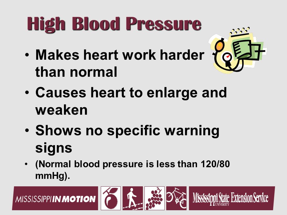 High Blood Pressure Makes heart work harder than normal Causes heart to enlarge and weaken Shows no specific warning signs (Normal blood pressure is less than 120/80 mmHg).
