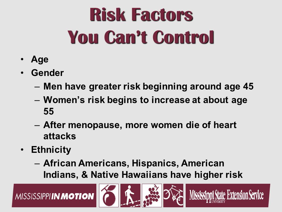 Risk Factors You Can’t Control Age Gender –Men have greater risk beginning around age 45 –Women’s risk begins to increase at about age 55 –After menopause, more women die of heart attacks Ethnicity –African Americans, Hispanics, American Indians, & Native Hawaiians have higher risk