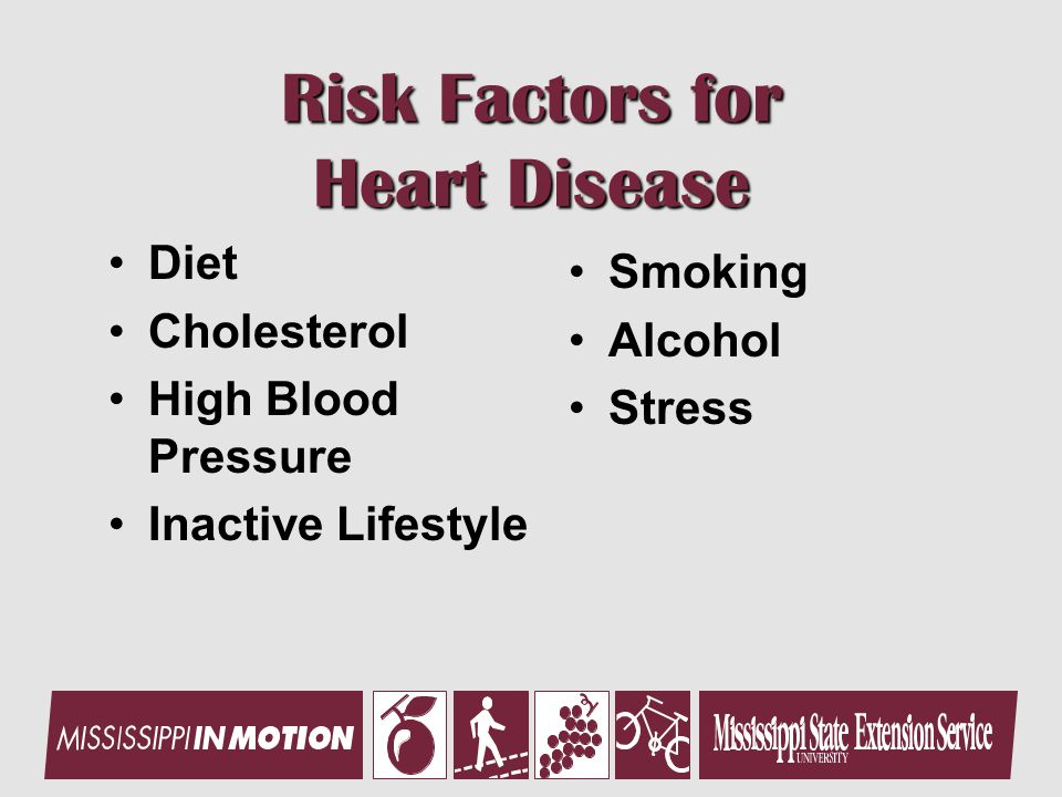 Risk Factors for Heart Disease Diet Cholesterol High Blood Pressure Inactive Lifestyle Smoking Alcohol Stress