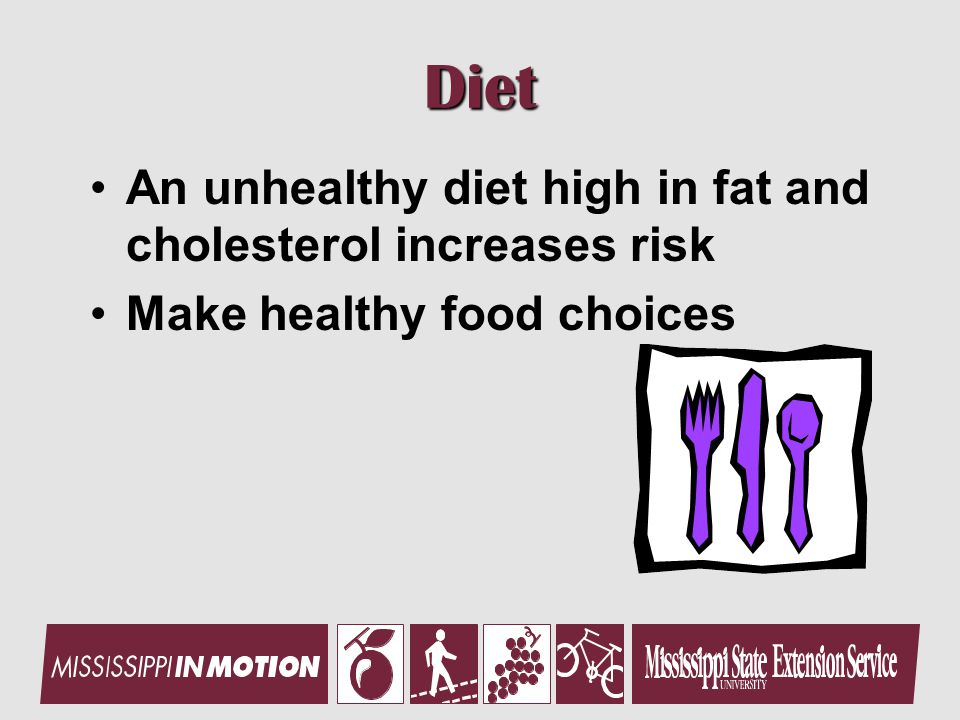 Diet An unhealthy diet high in fat and cholesterol increases risk Make healthy food choices