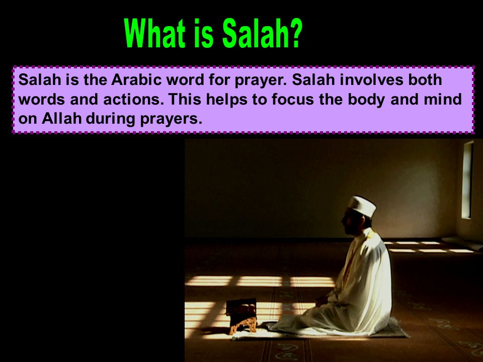 Salah is the Arabic word for prayer. Salah involves both words and actions.