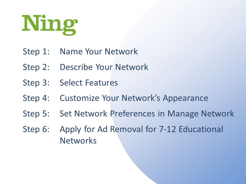 Step 1: Name Your Network Step 2: Describe Your Network Step 3: Select Features Step 4: Customize Your Network’s Appearance Step 5:Set Network Preferences in Manage Network Step 6:Apply for Ad Removal for 7-12 Educational Networks