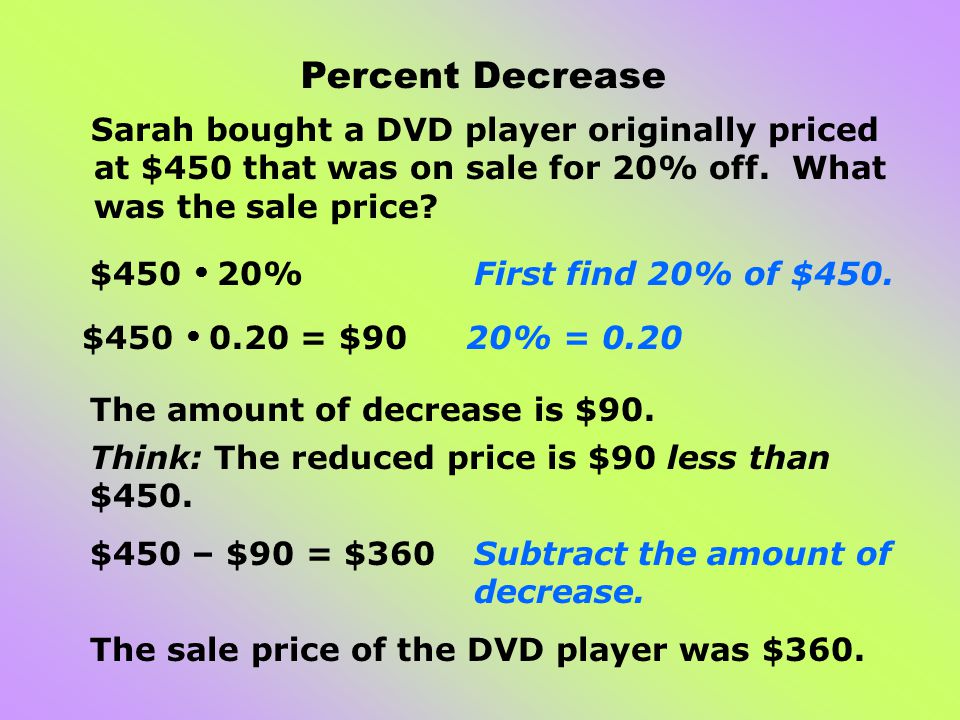 Sarah bought a DVD player originally priced at $450 that was on sale for 20% off.