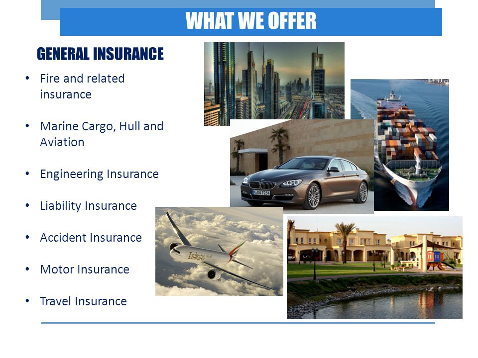 WHAT WE OFFER Fire and related insurance Marine Cargo, Hull and Aviation Engineering Insurance Liability Insurance Accident Insurance Motor Insurance Travel Insurance GENERAL INSURANCE