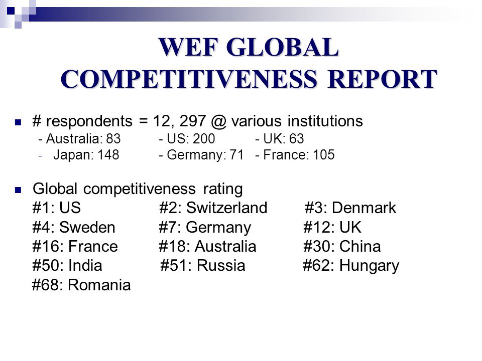 WEF GLOBAL COMPETITIVENESS REPORT # respondents = 12, various institutions - Australia: 83- US: 200- UK: 63 - Japan: 148- Germany: 71- France: 105 Global competitiveness rating #1: US #2: Switzerland #3: Denmark #4: Sweden#7: Germany#12: UK #16: France#18: Australia#30: China #50: India #51: Russia #62: Hungary #68: Romania